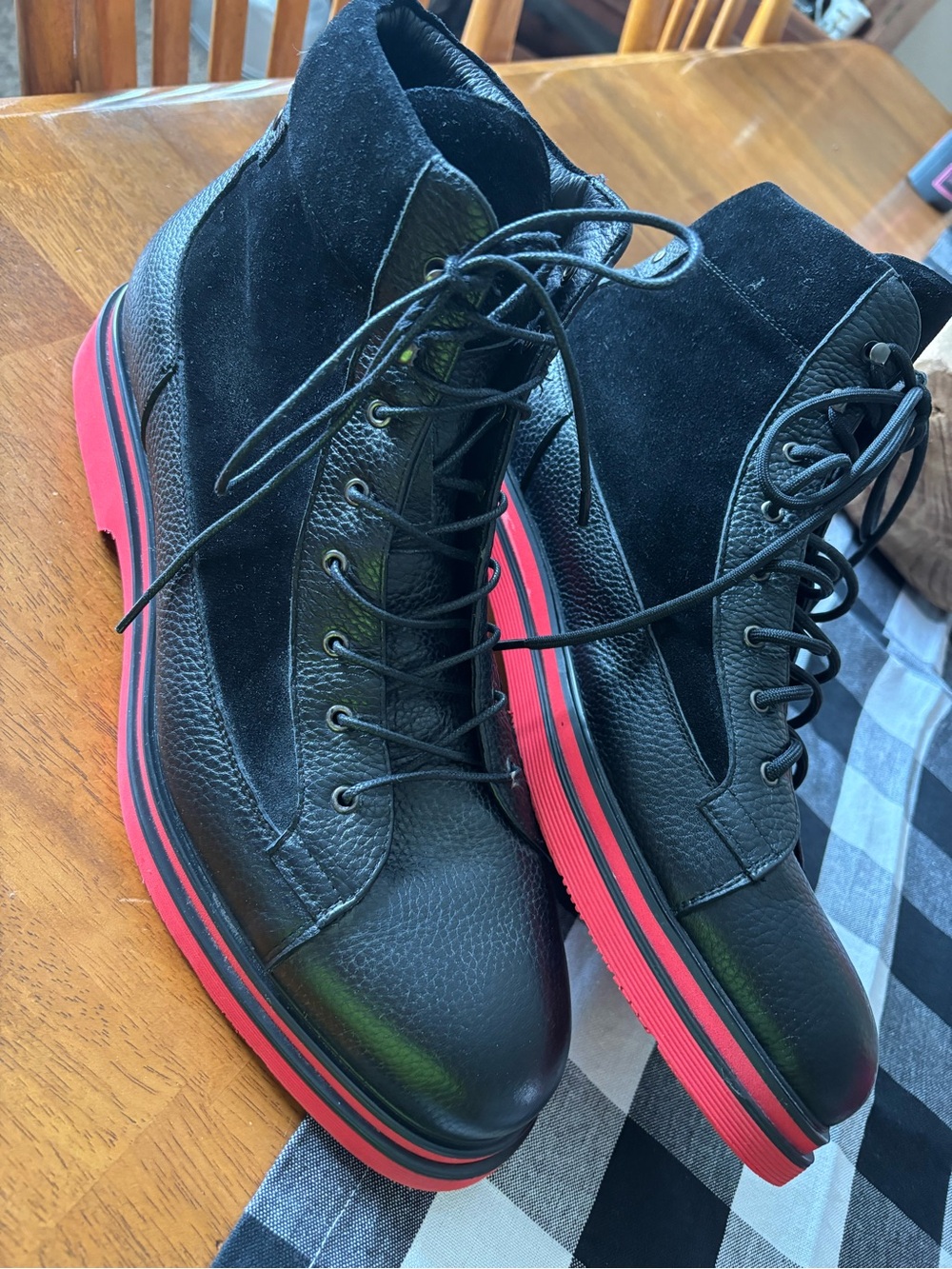 Marc Nolan Men's Black Lace-Up Combat Boots with Red Trim